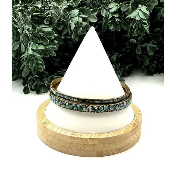 Vintage Brass and Turquoise Stone Inlay Bangle Bracelet Set - Picture 3 of 3